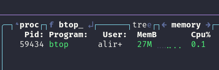 btop in btop, showing 27MB of RAM usage, and 0.1% CPU usage