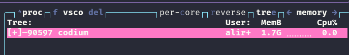 vscodium usage in btop, showing 1.7GB of RAM usage
