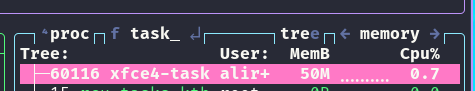 xfce4-taskmanager in btop, showing 50MB of RAM usage, and 0.7% CPU usage